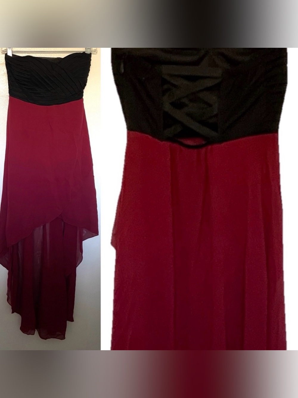 CASTING LA Strapless Black and Burgundy Asym Midi DRESS Size Small